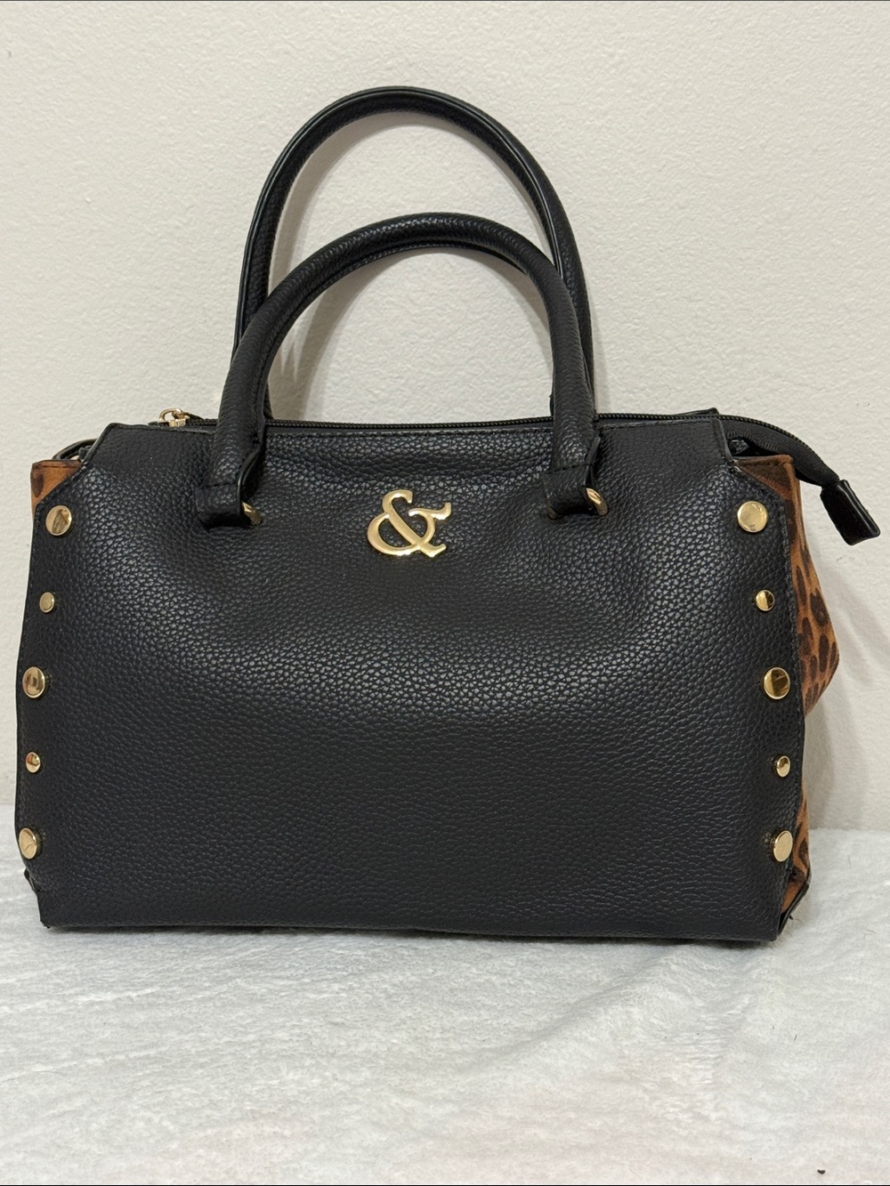 Black Leather Satchel with Leopard Side Panels and Gold Hardware